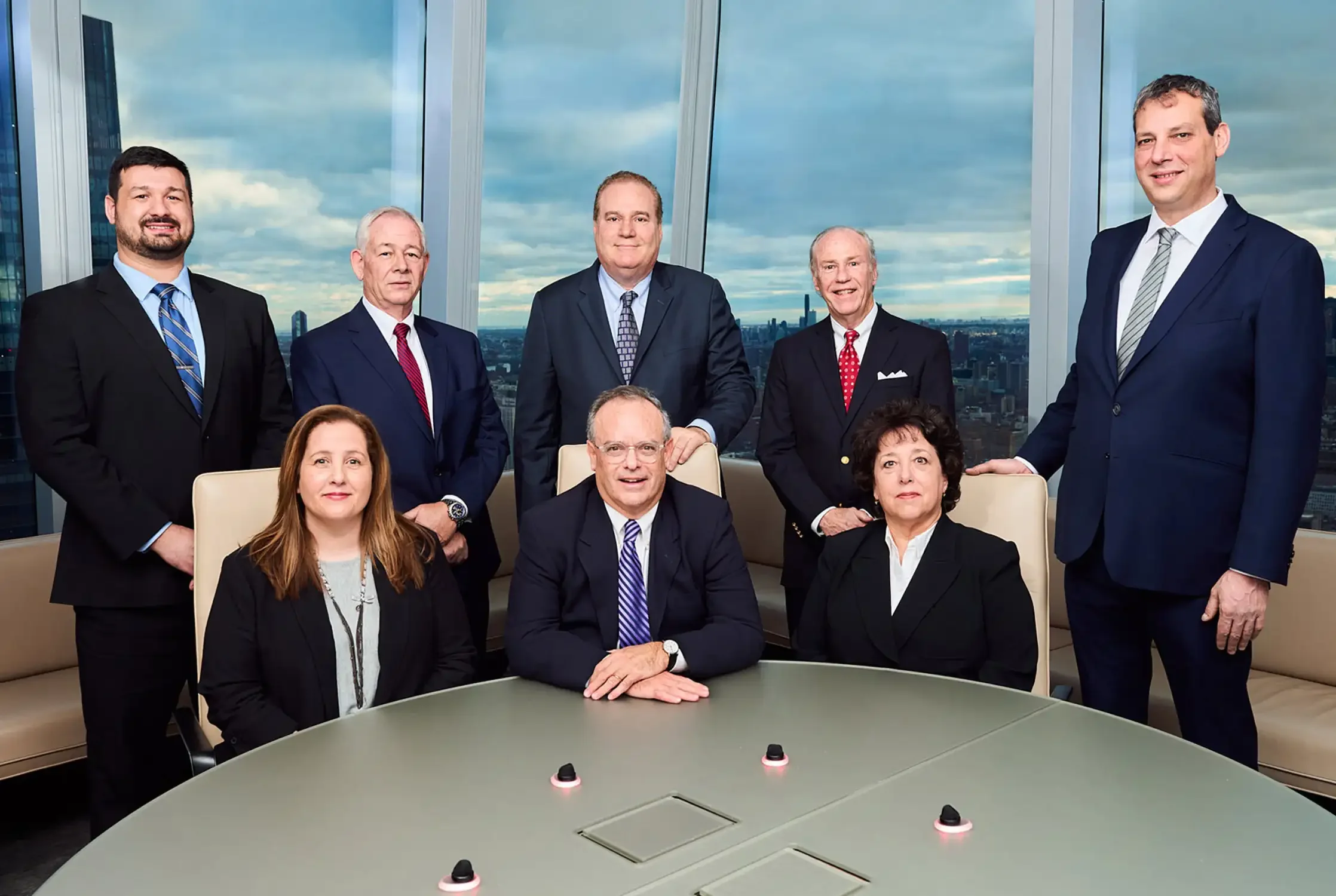 Group of nine executive photographed for a bank in New York six men and three women, dressed in business attire posing in a modern office with a city skyline view in the background.