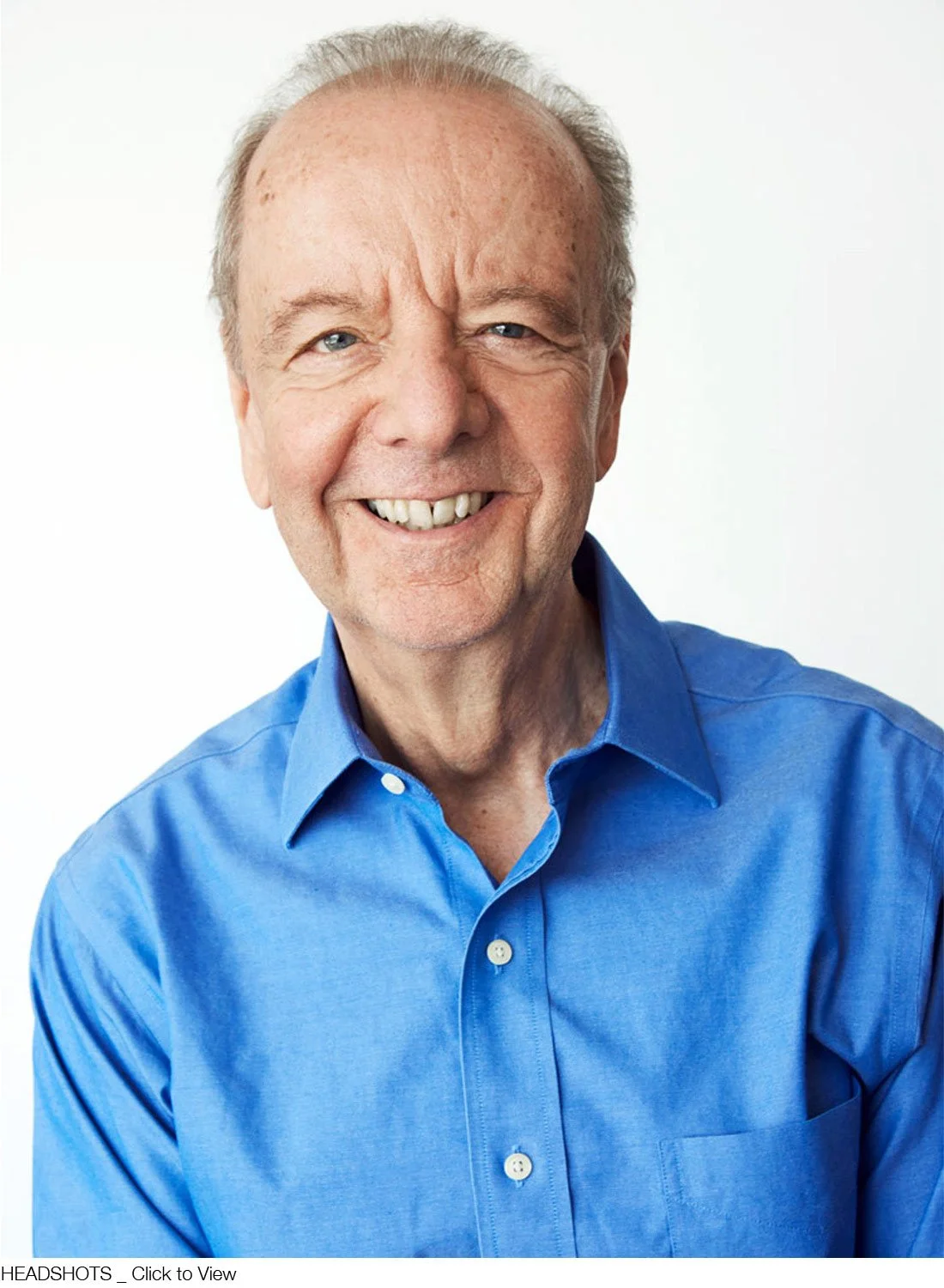 A corporate headshot of a smiling older man with light skin, thinning gray hair, and blue eyes wearing a blue button-up shirt.