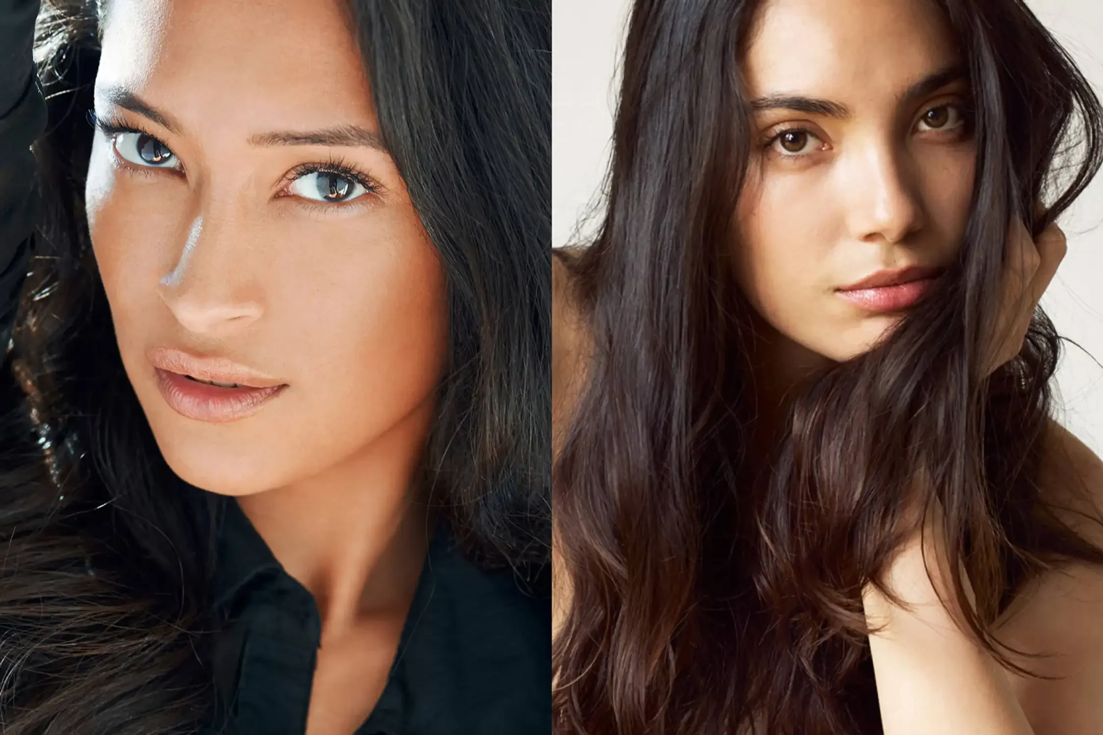 Portraits of fashion models with different skin tones and hair colors, both with long, styled hair and makeup, looking at the camera  in a professional photo studio.