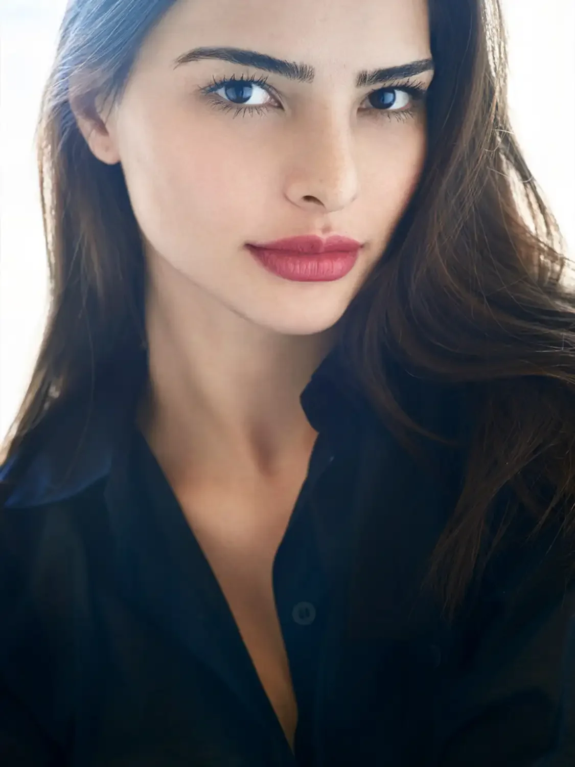 Beauty photo shoot of a young woman with long brown hair, blue eyes, red lipstick, and wearing a black shirt natural daylight.