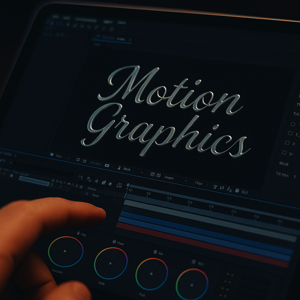 Close-up of video editing software timeline on computer screen, showing various layers, keyframes, and parameters for animation or motion graphics.