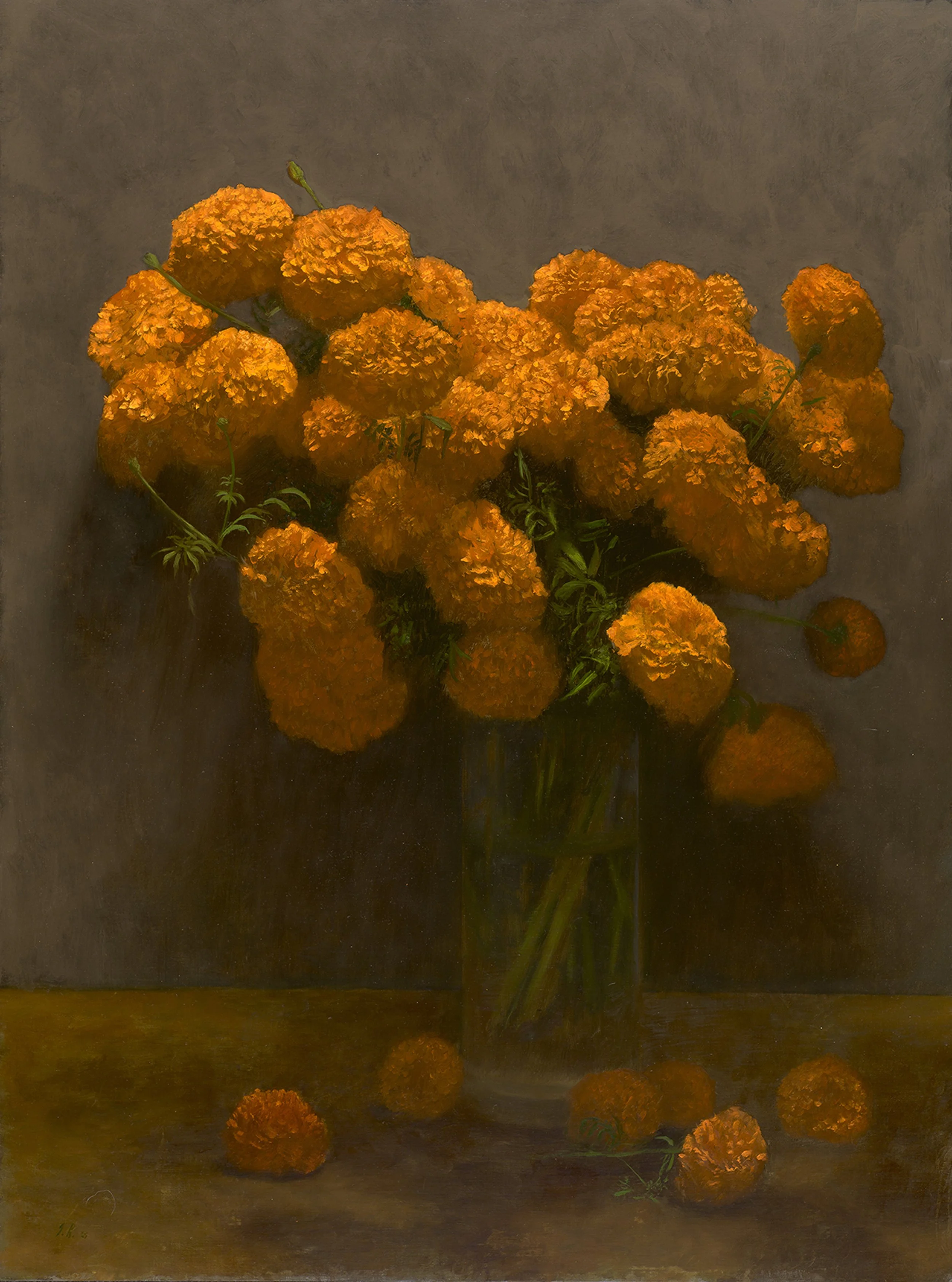 Marigolds with Glass Vase