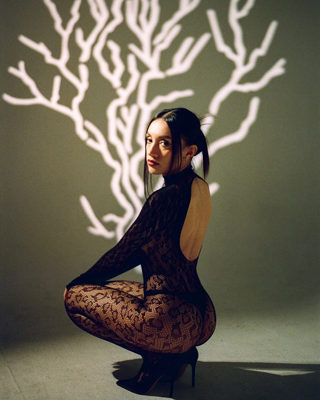 A woman with dark hair in a lace bodysuit and high heels crouching on the floor, with a shadow of a tree cast on the wall behind her.