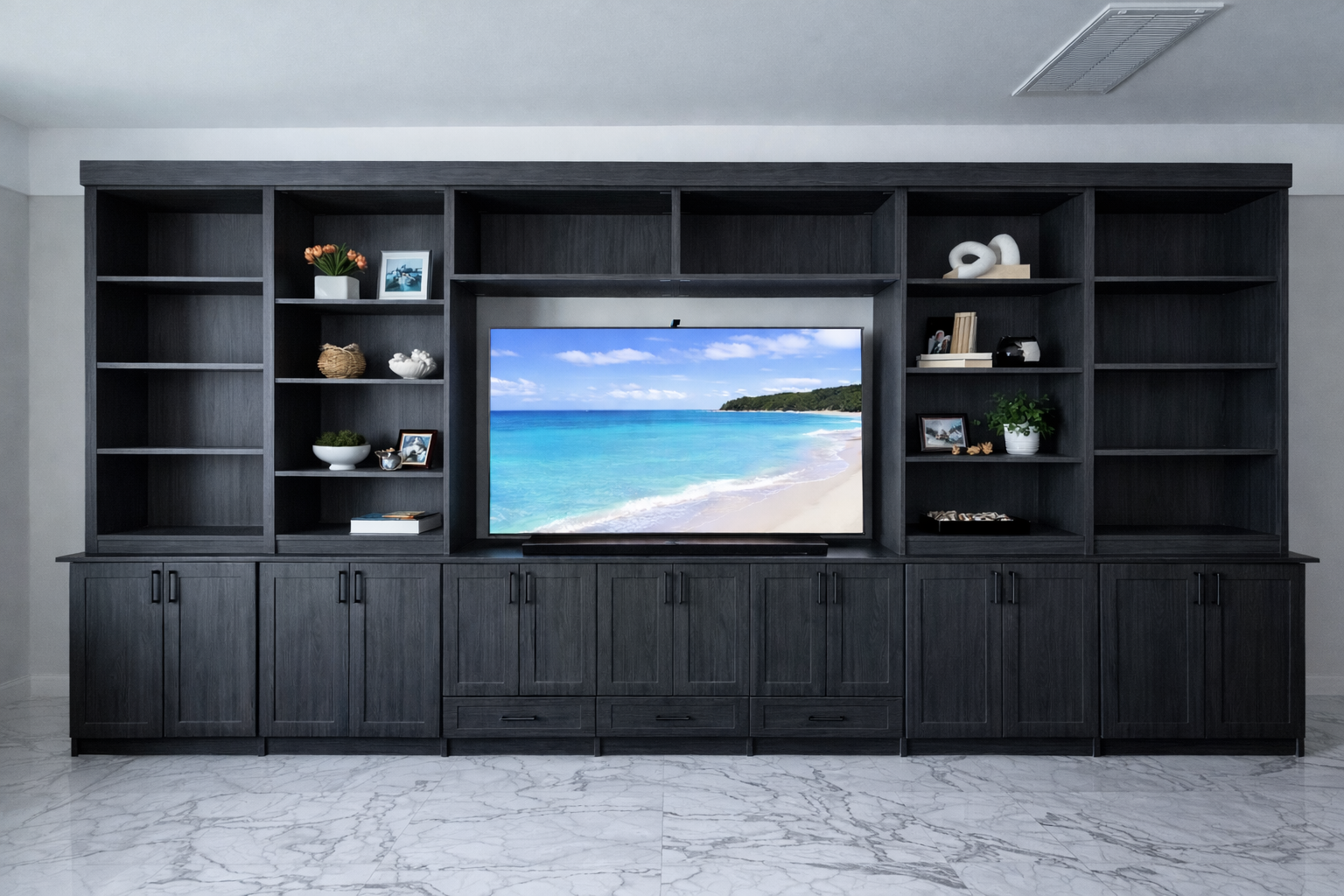 Sleek custom built-in entertainment center in Waxhaw, NC with dark wood cabinetry, open shelving, and hidden storage—perfect for movie night. living room built-ins
