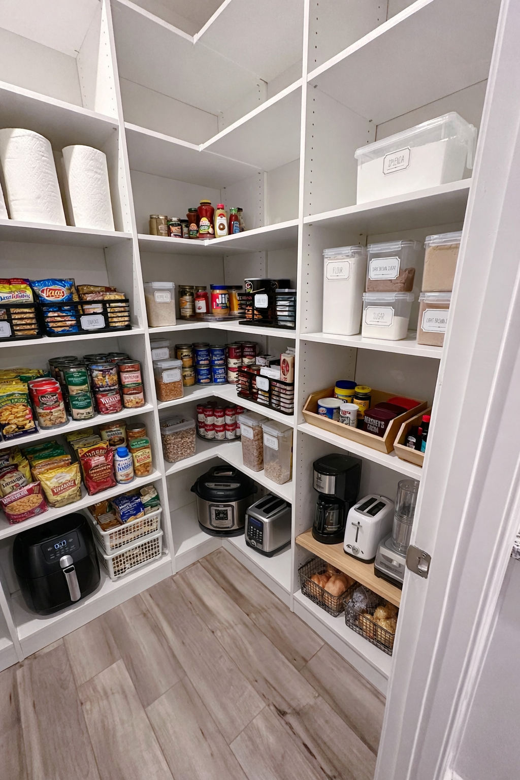 This custom pantry in Weddington, NC features adjustable shelving, storage zones, and a clean built-in look designed by Agape Closets.