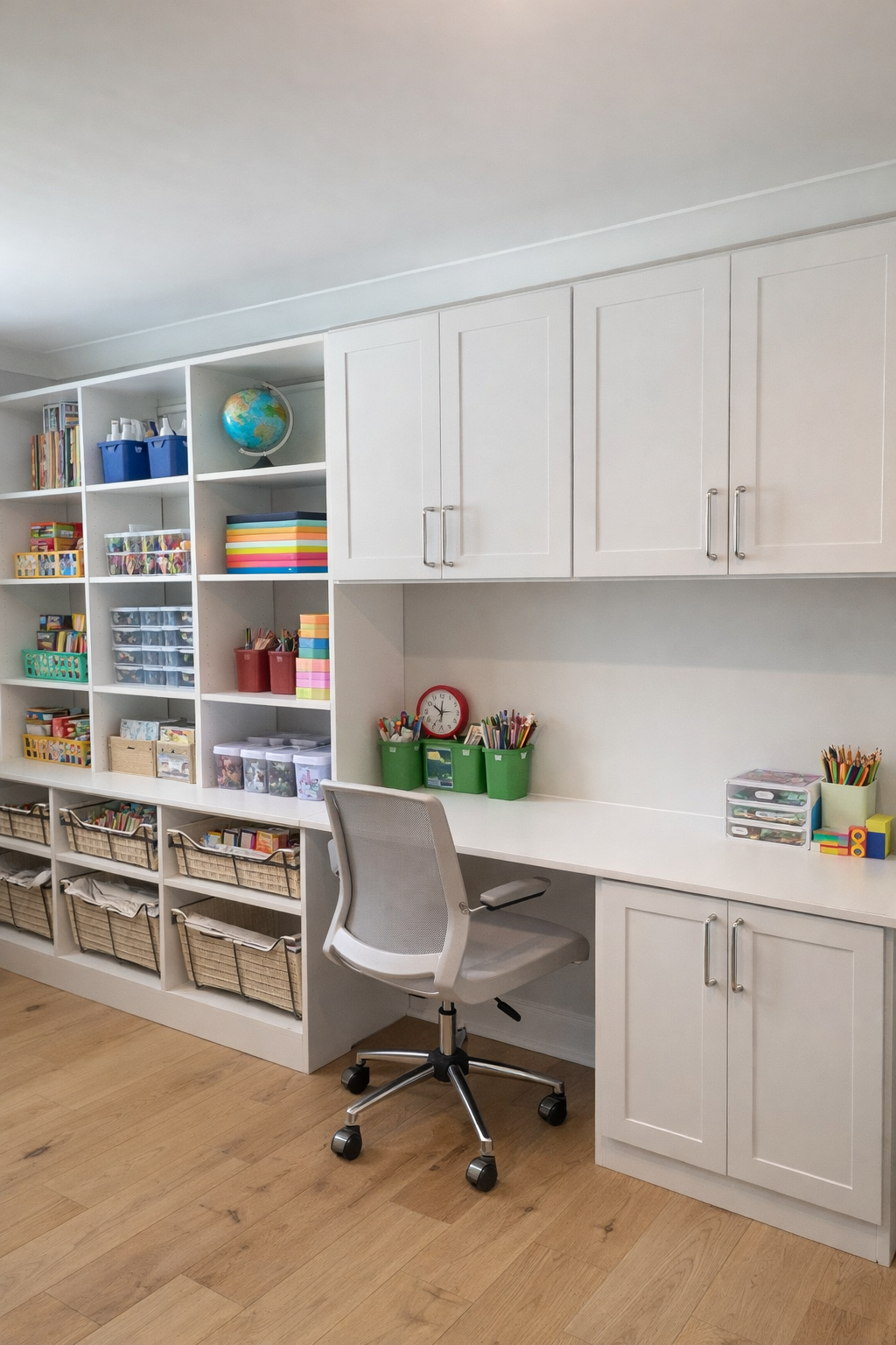 Organized home office or craft room with white shelves filled with books, storage bins, and craft supplies. A desk with a swivel chair is against the wall, with cups of markers and pencils, a clock, and other supplies on top.