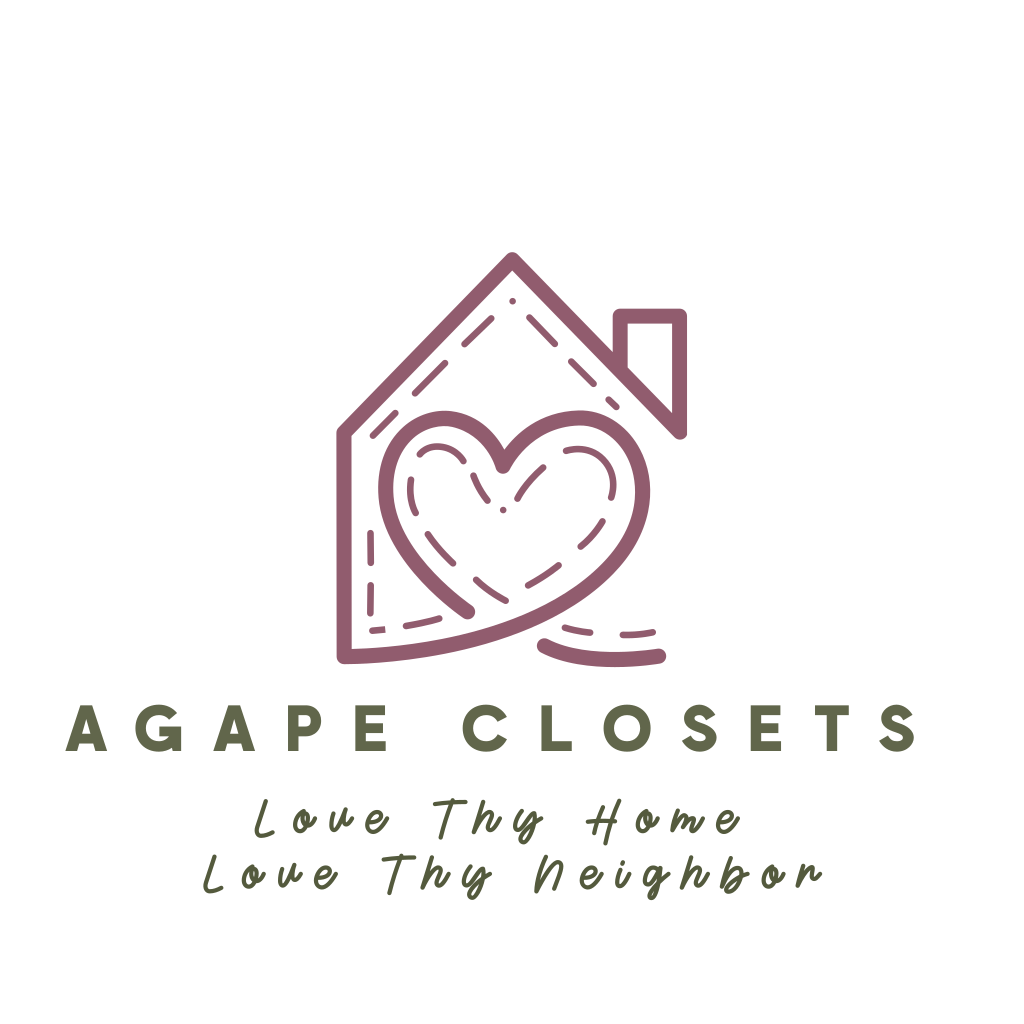 Logo for Agape Closets featuring a stylized house with a heart inside and the tagline 'Love Thy Home, Love Thy Neighbor'