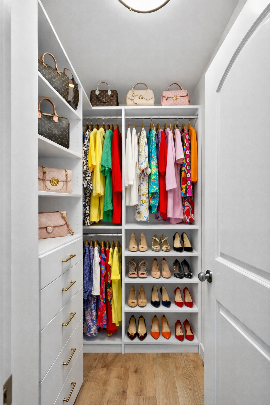 A walk-in closet with white shelves and hanging space containing colorful clothing, designer handbags, and high heels.