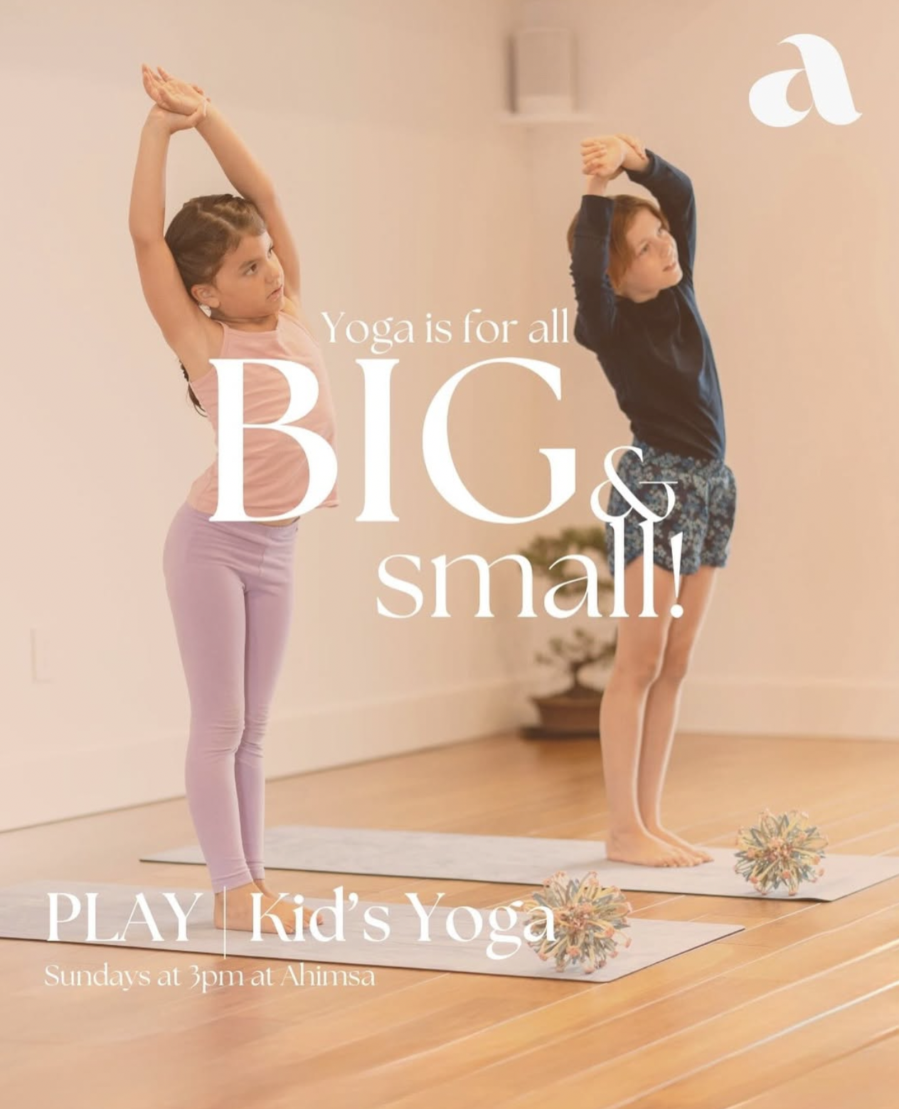PLAY | Kids Yoga
Sunday - Friday | 3:00 - 3:50pm
Pricing: $20 per class
Four (4) and eight (8) class packs available

A joyful introduction to movement, mindfulness, and connection. Through imaginative adventures, yoga poses, games, breathing practic