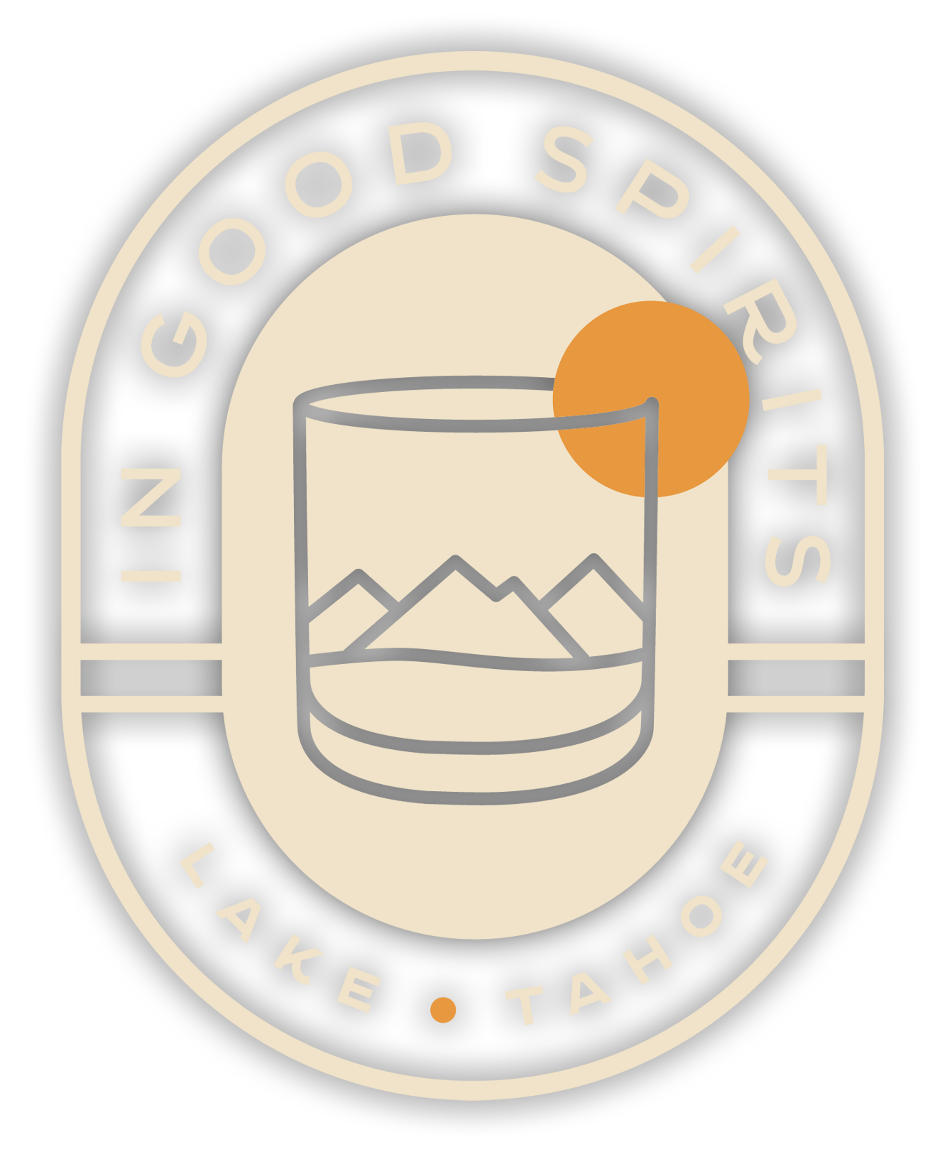Logo for In Good Spirits Tahoe, with a glass containing mountains and a sun, surrounded by circular text reading "In Good Spirits" and "Lake Tahoe".