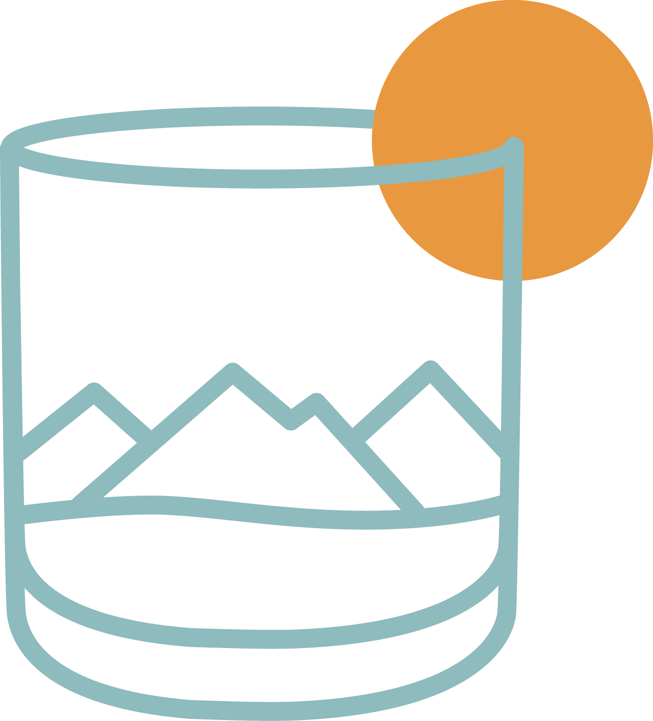 Minimalist illustration of a glass with a mountain landscape and a sun.