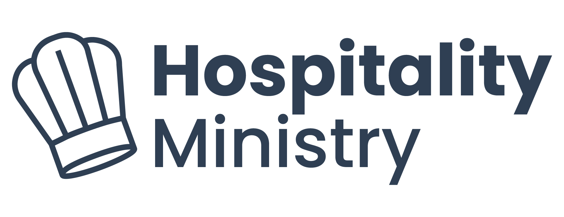 Illustration of a chef's hat alongside the words 'Hospitality Ministry' in dark blue text.