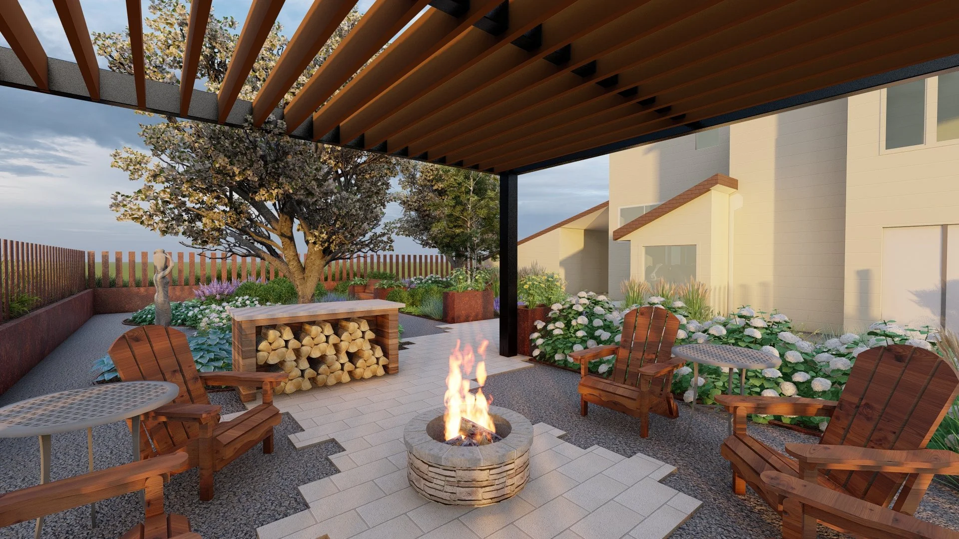 A modern backyard patio with four wooden chairs around a stone fire pit, a wood storage with logs, garden beds with flowers and trees, and a wooden pergola overhead.