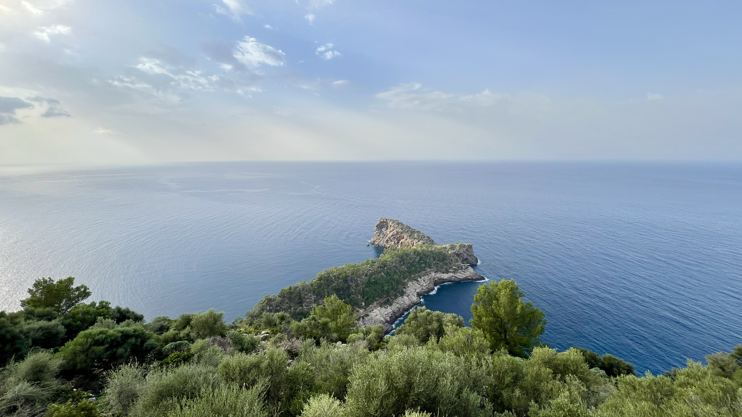 A coastal view with a rocky promontory covered in green vegetation extending into the blue sea, with trees and shrubs in the foreground and a partly cloudy sky overhead.