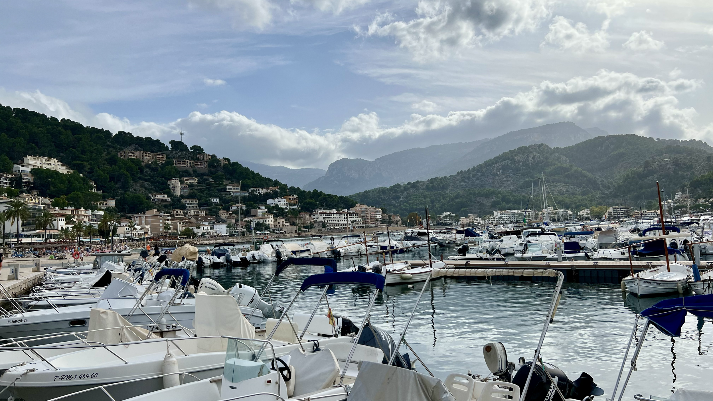Marina filled with numerous boats and yachts docked near a small coastal town with hillside buildings, lush green mountains, and cloudy sky in the background.