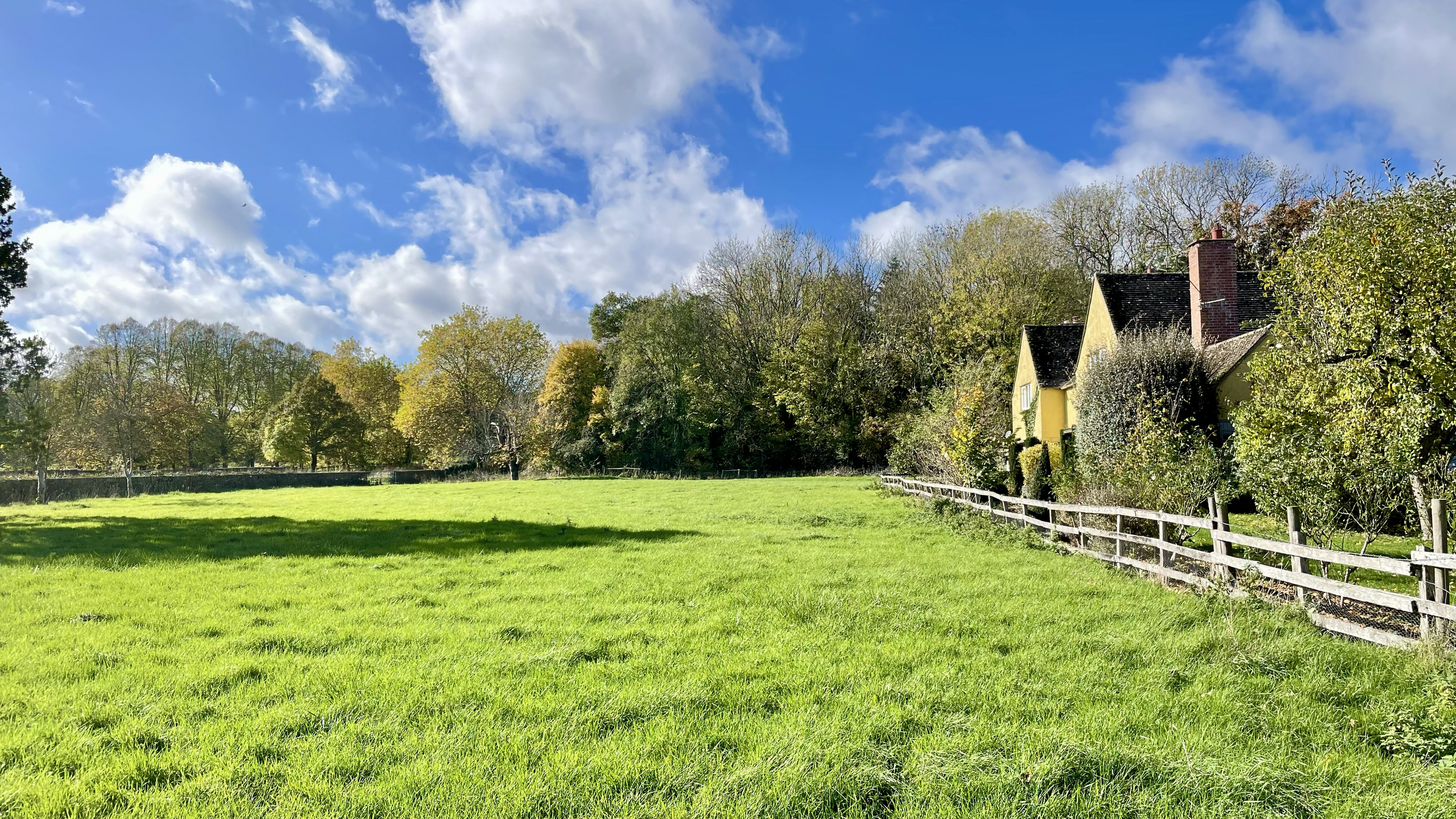 A green grassy field next to a wooden fence with trees and a house with a chimney in the background, under a partly cloudy blue sky.