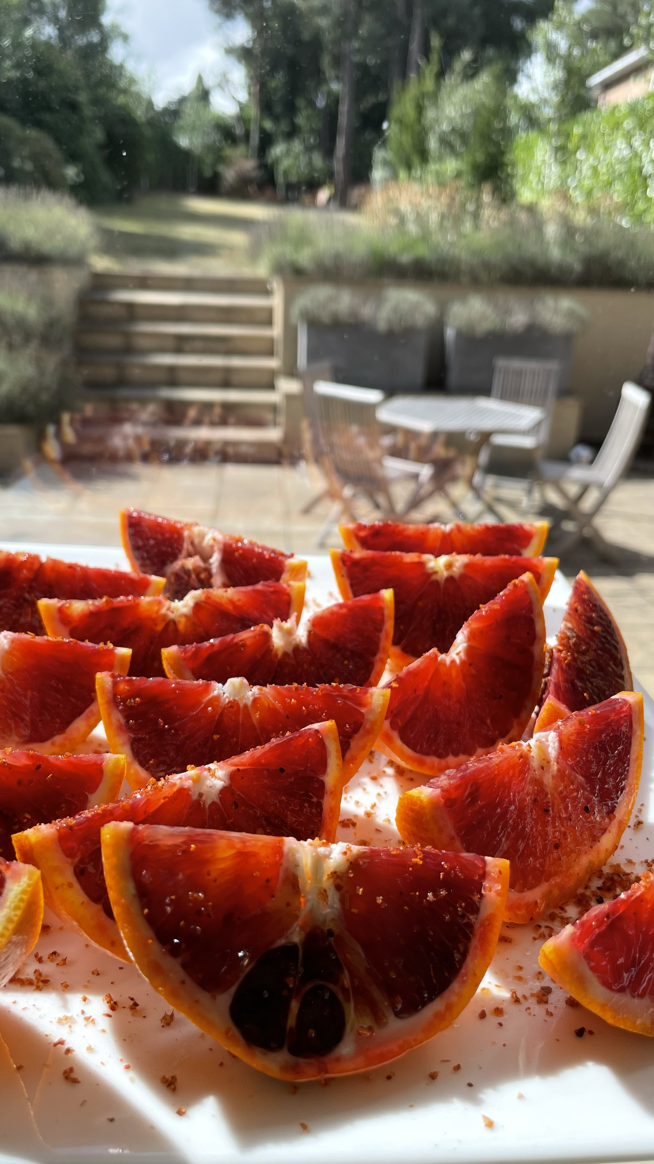 Slices of red and orange blood oranges on a white plate outdoors.