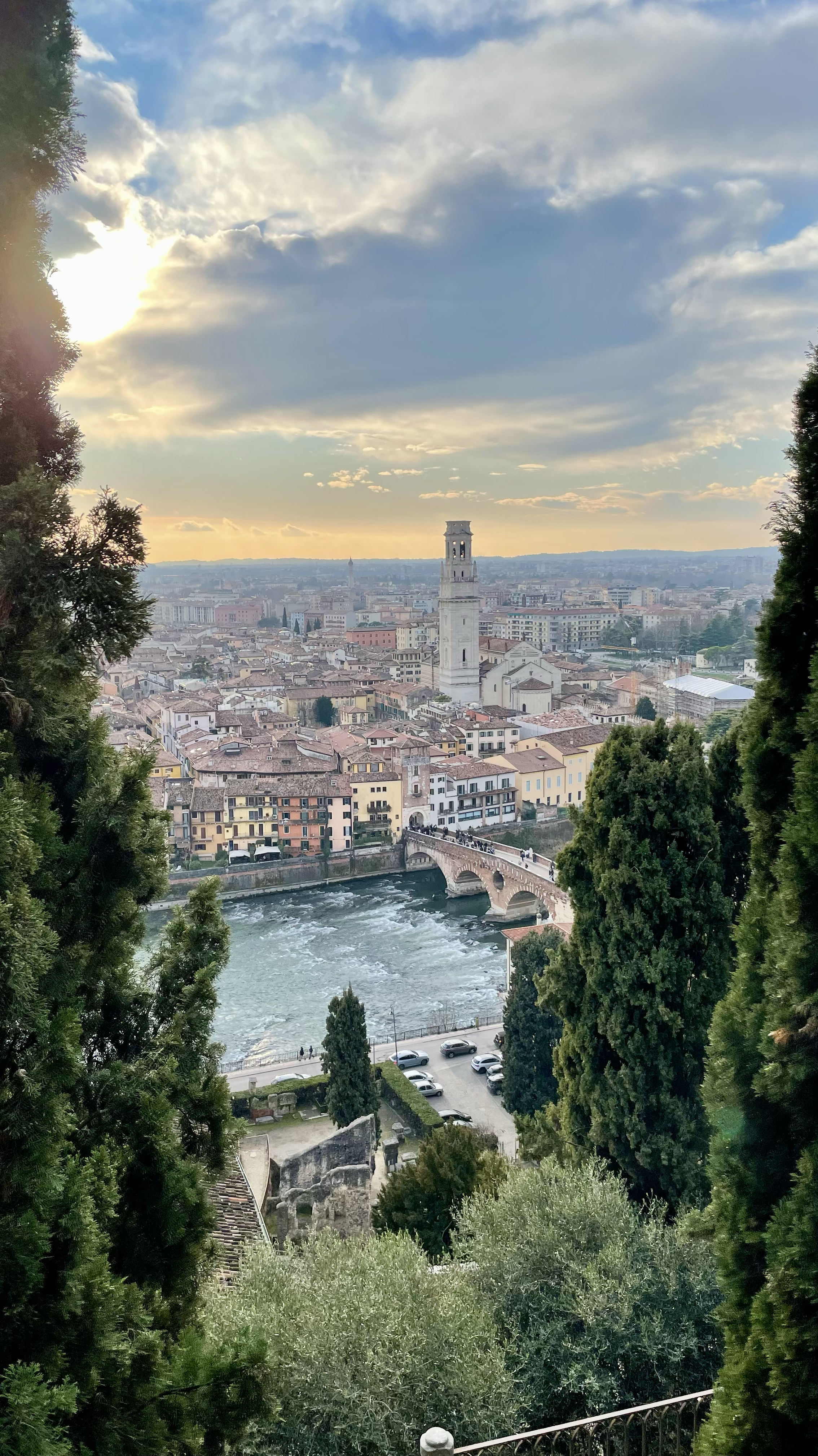 A scenic view of a city with a river running through it, featuring a historic tower and bridge, with lush green trees in the foreground and a cloudy sky above.