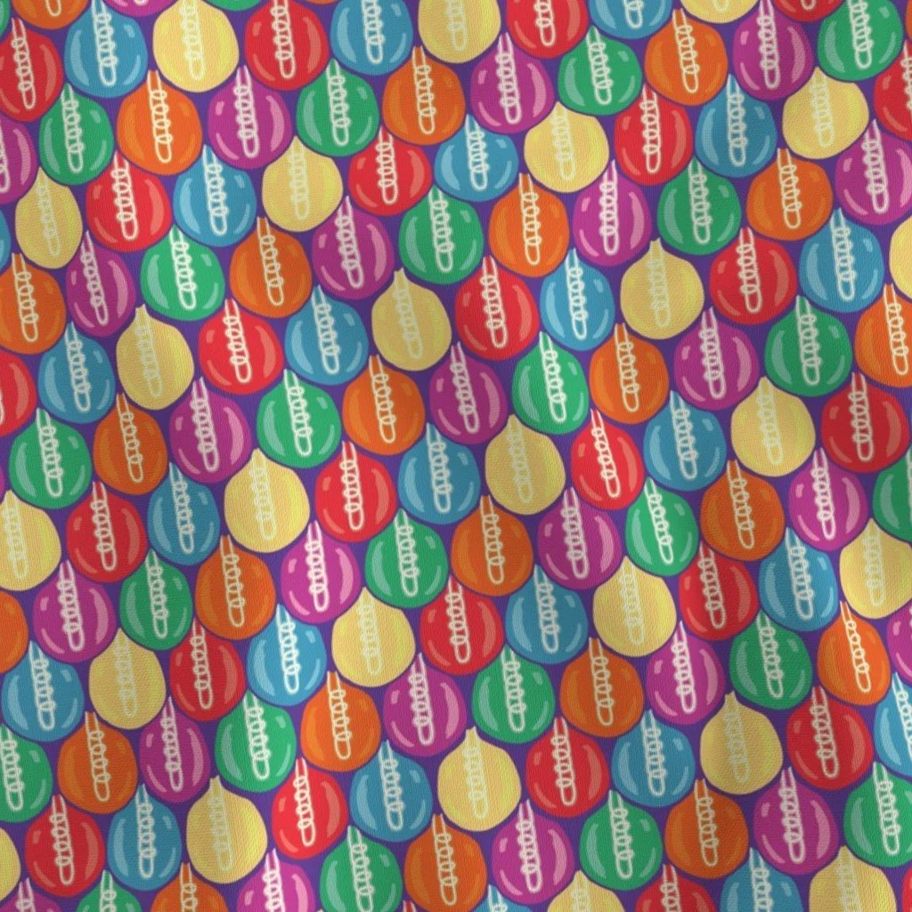 Fabric with tiled Christmas Lights in bright lights featuring red, blue, green purple, orange, and yellow.