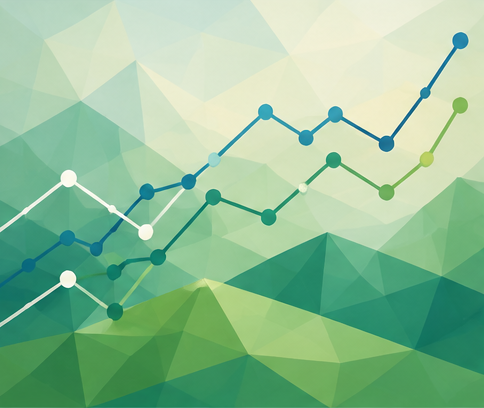 Colorful abstract background with multiple line graphs in blue shades on a geometric green and yellow polygonal landscape
