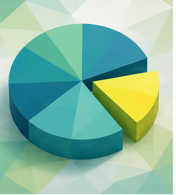 A 3D pie chart with multiple segments, one segment highlighted in yellow.