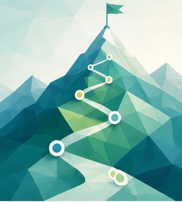 Illustration of a mountain with a winding path leading to a flag at the summit, featuring connected nodes along the trail.