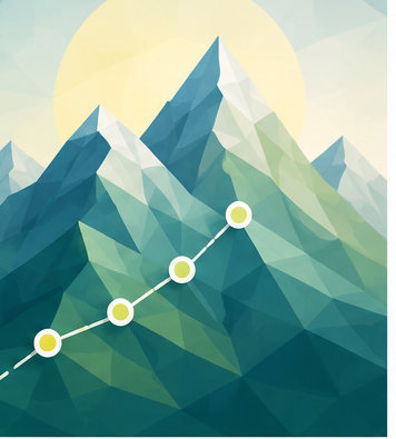 Abstract geometric illustration of mountain range with a rising line graph overlaid, in shades of blue, green, and yellow.