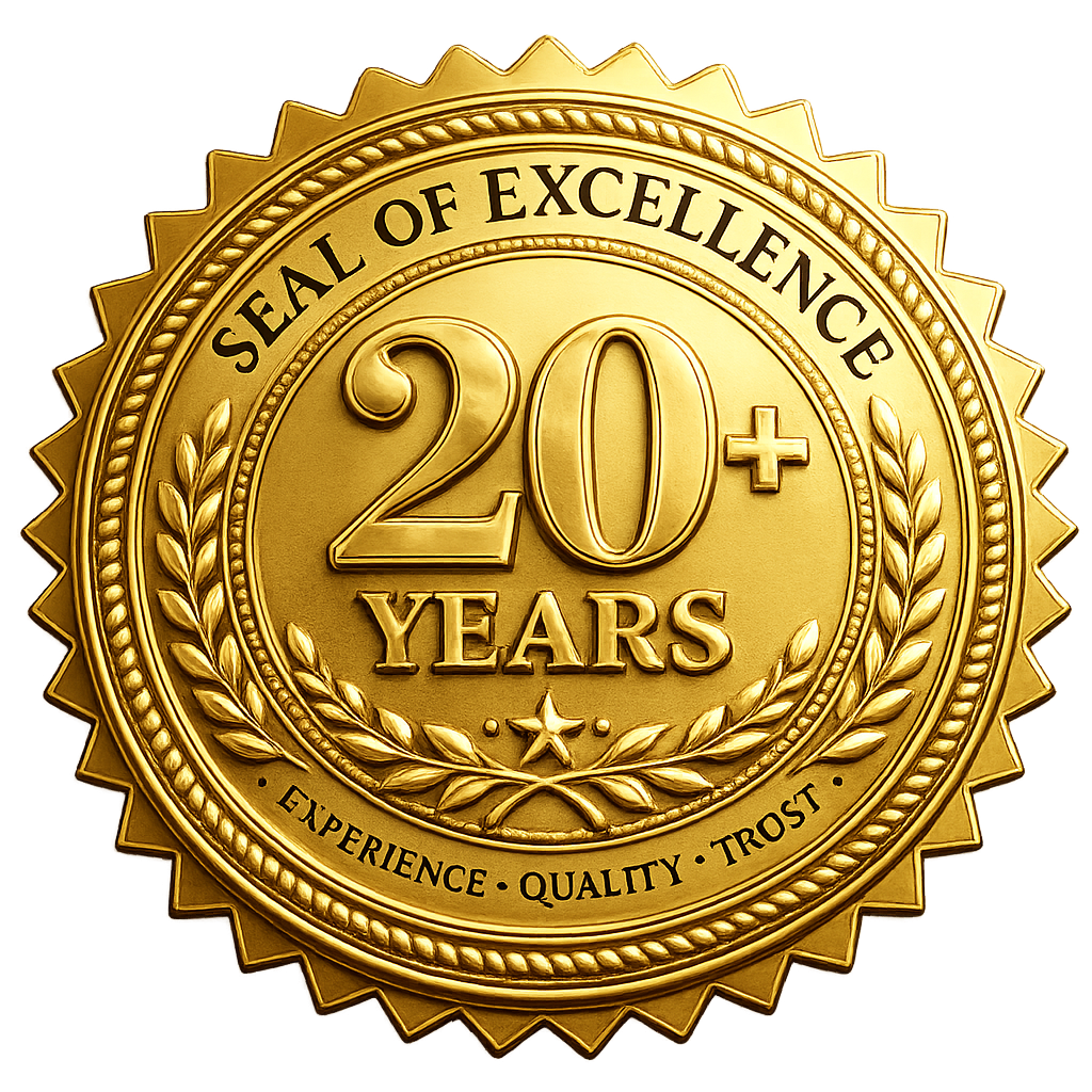 A gold seal with the words "Seal of Excellence" and "20+ Years" in the center, surrounded by laurel branches and the words "Experience, Quality, Trust" at the bottom.