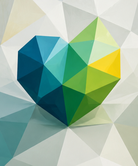 Colorful geometric origami heart with shades of blue, green, and yellow on a matching background.