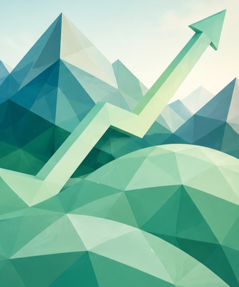 Illustration of a mountain range with geometric, polygonal shapes and a green upward trending arrow indicating growth or progress.