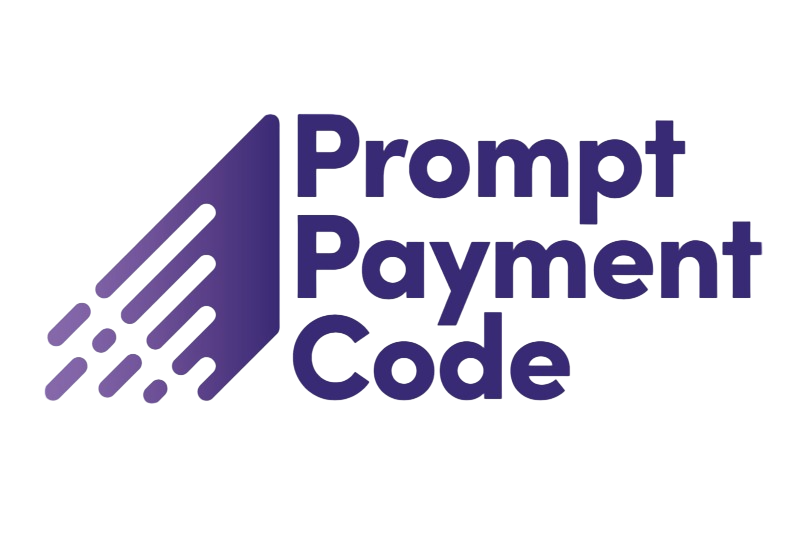 Logo for Prompt Payment Code, featuring purple stylized arrow with dotted lines and bold purple text.