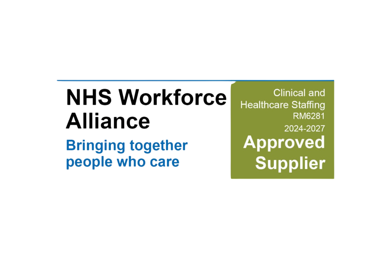 NHS Workforce Alliance logo with the slogan 'Bringing together people who care' and a green badge indicating approval as an authorized supplier for clinical and healthcare staffing (RM6281, 2024-2027).