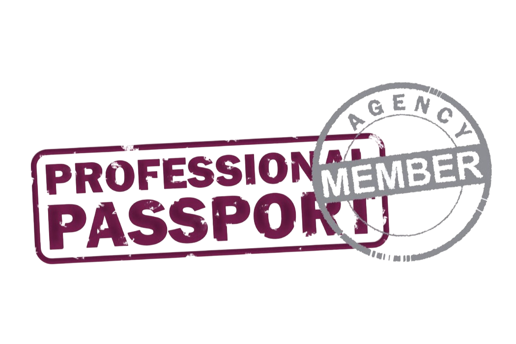 A printed graphic of a maroon stamp that reads 'Professional Passport' with a circular black stamp that reads 'Agency Member' overlapping the right side.