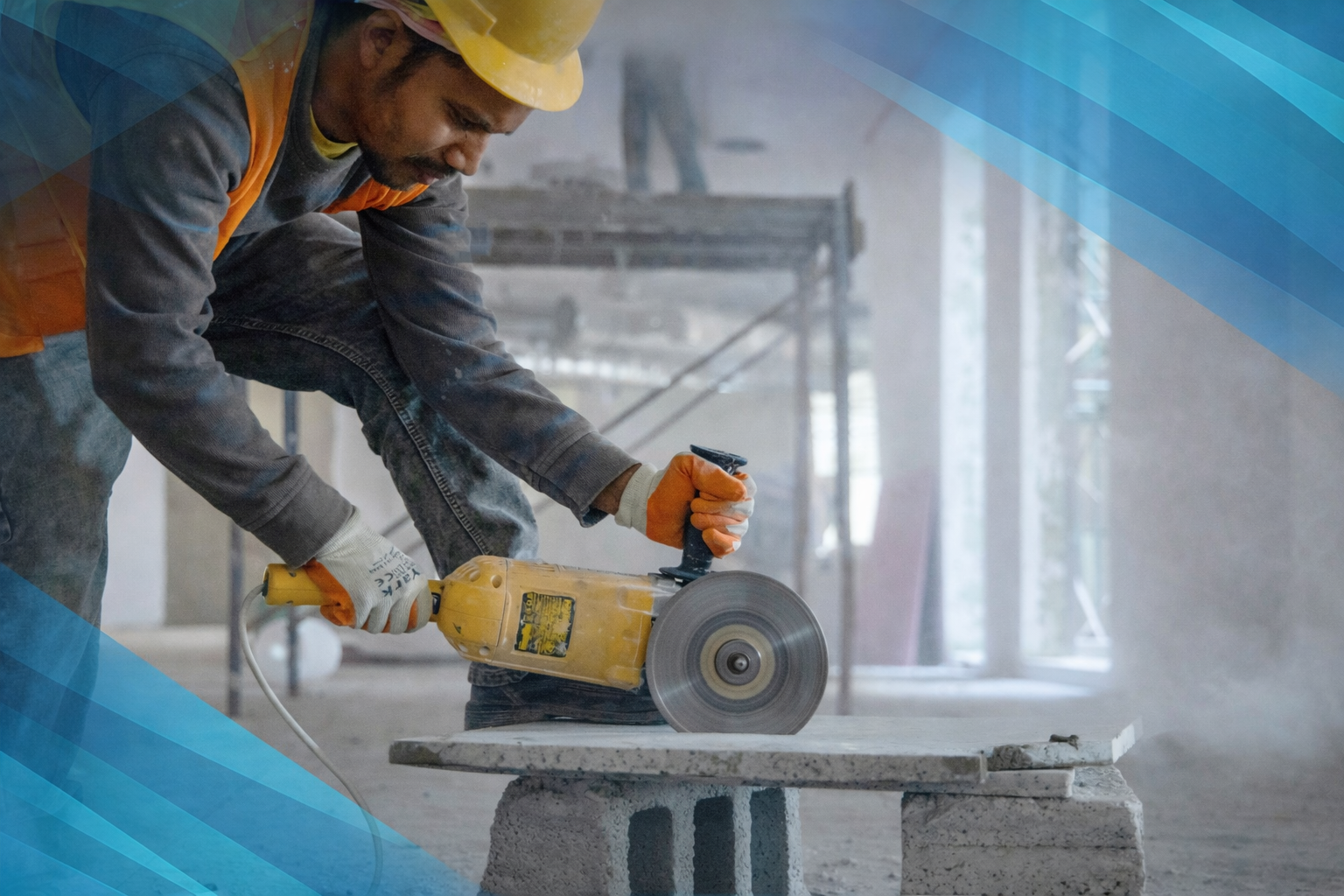 A construction worker cutting a piece of material with a yellow power saw at a construction site.