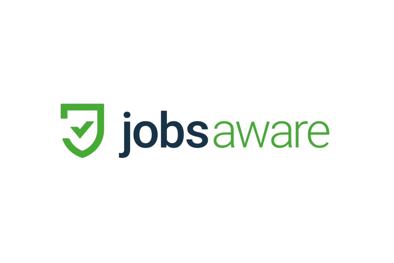 Logo for job-aware, featuring a green shield with a check mark and the words 'jobs aware' in blue and green text