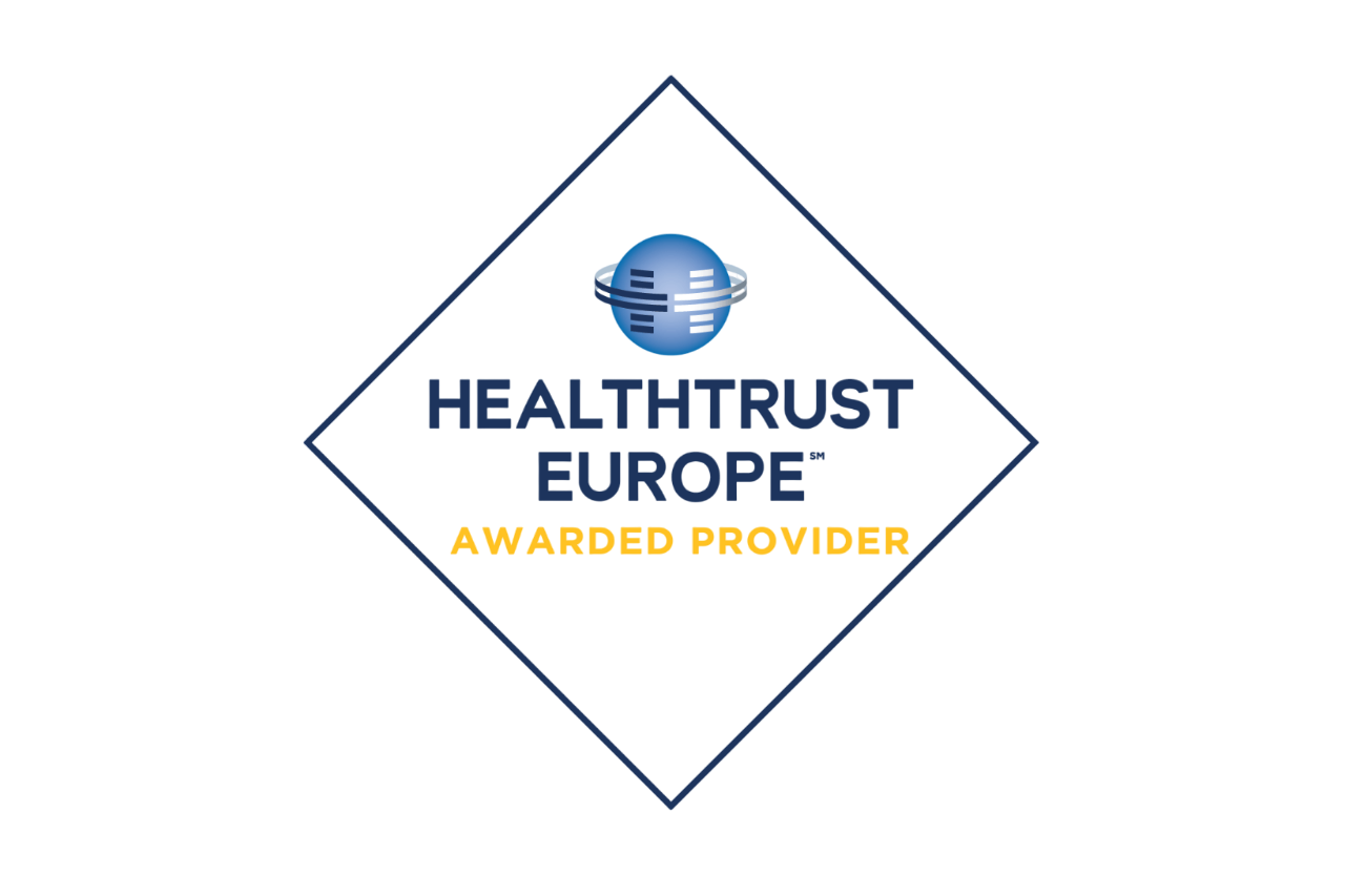 HealthTrust Europe logo with a blue globe and the text 'HEALTHTRUST EUROPE' and 'AWARDED PROVIDER' in yellow.