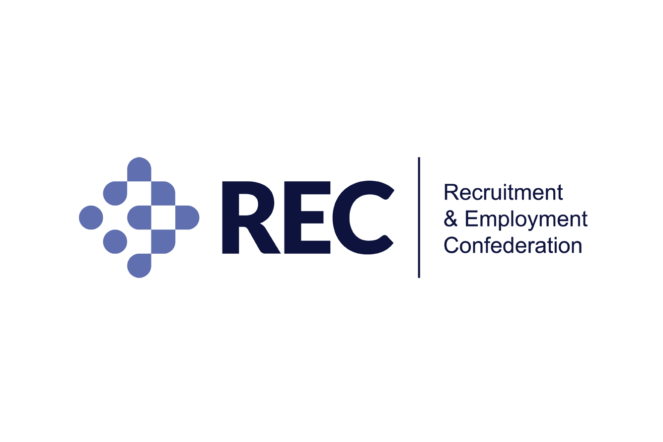 Logo of Recruitment & Employment Confederation (REC) featuring a stylized graphic of interconnected circles and squares, with the text 'REC' and 'Recruitment & Employment Confederation' to the right.