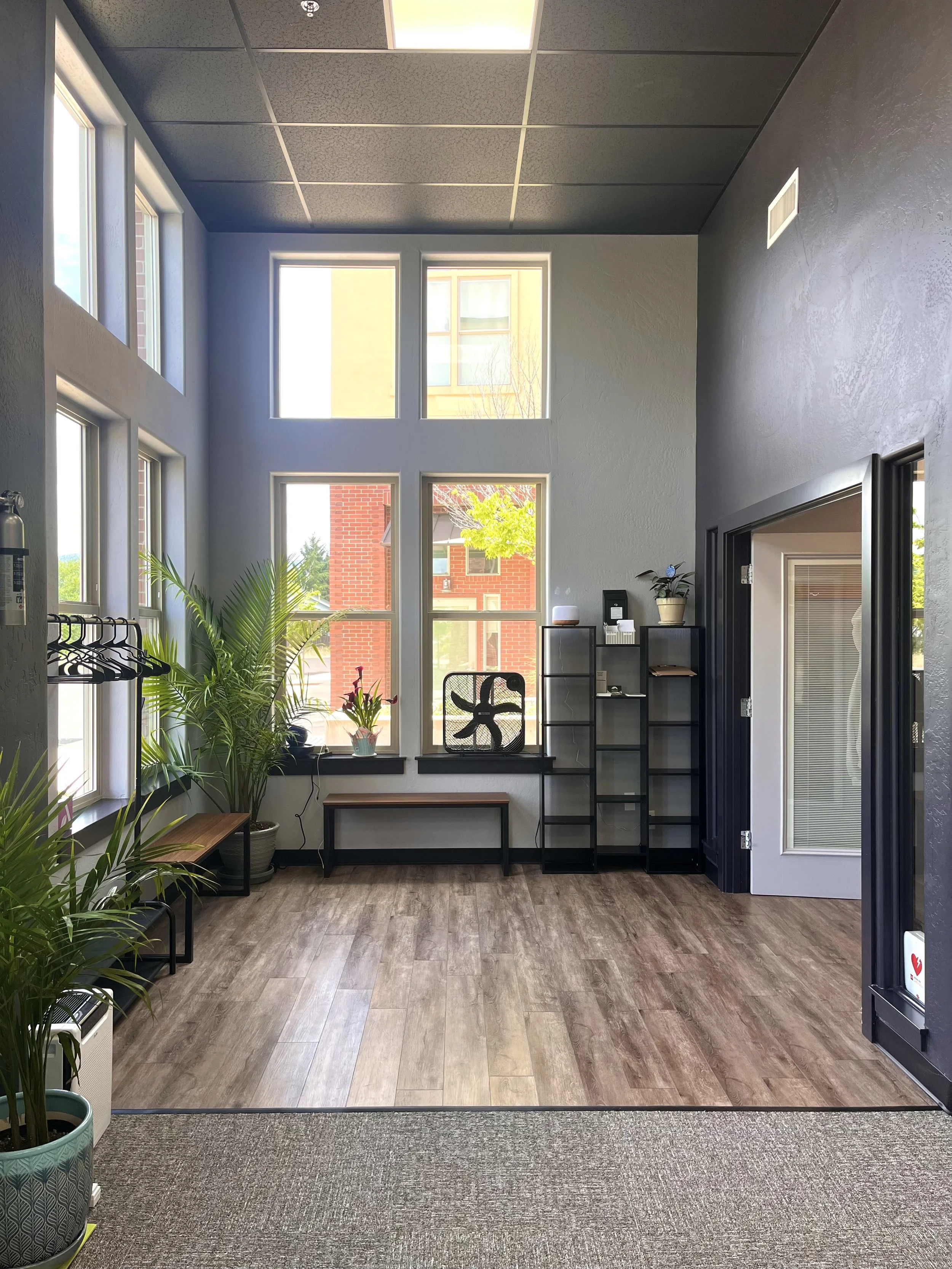 An office or reception area with large windows, potted plants, a bench, shelving, and a door leading to another room, featuring wood flooring and a mix of light and dark painted walls.