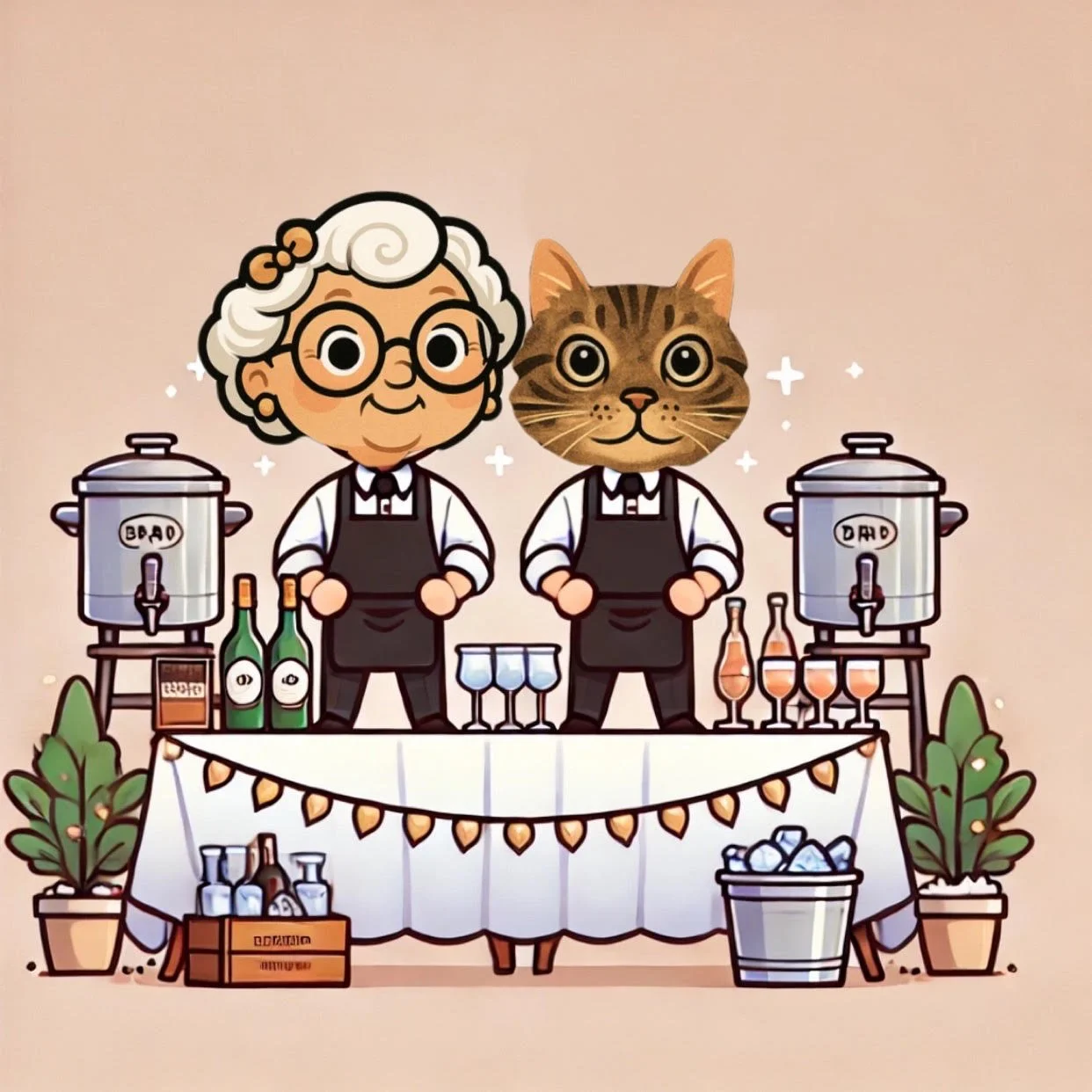 Cartoon illustration of a senior woman with white hair and glasses, and a cat with a human body, both dressed in bartender outfits, standing behind a bar table with alcohol bottles, glasses, and plants, in a festive setting.