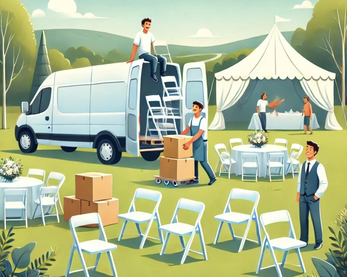 People set up decorations for an outdoor event with tables, chairs, and a large white tent, and a van with open doors and ladders on top, in a green, hilly park.