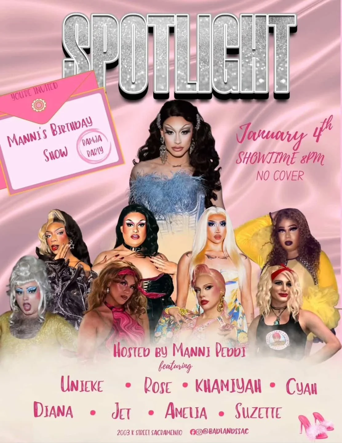 Catch our next Spotlight drag show hosted by Manni Peddi. We are celebrating her birthday with a special cast. Free Entry ✨