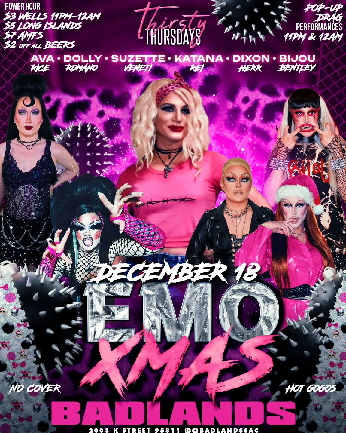 Tis the season to be emotional 🥹🎄🖤
Join us TONIGHT Dec 18 for our annual EMO XMAS theme&mdash; a holiday drag show for the ones who feel too much during the season.
Go-go dancers, drink specials, FREE entry, and hosted by Suzette Veneti.