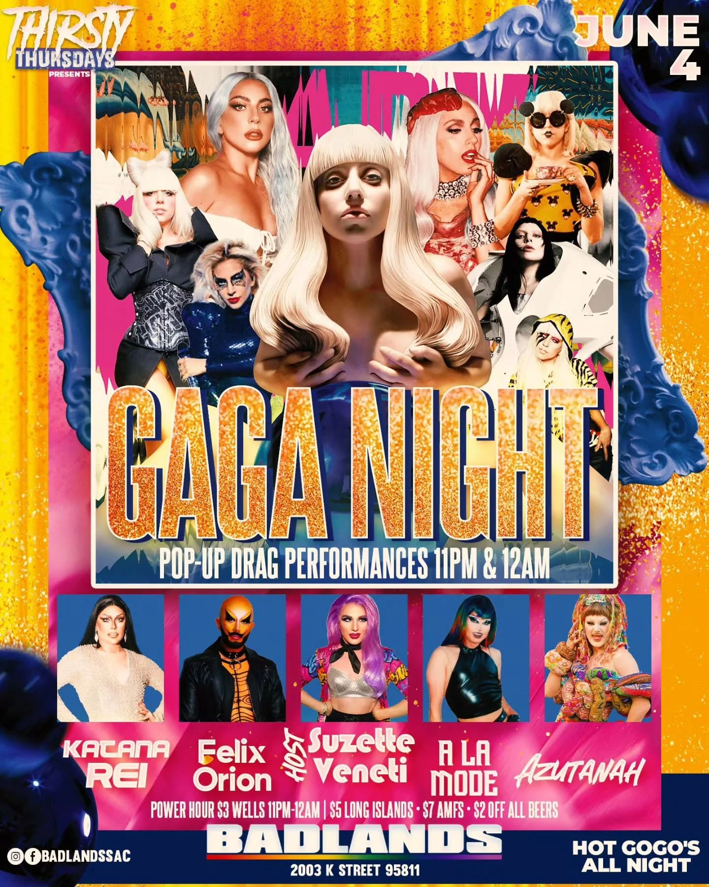 Catch Thirsty Thursdays this week and it's Gaga Night!! Hosted by Suzette Veneti showtimes at 11:00 p.m. and midnight. Plus we have gogo dancers and drink specials all night long. Free entry! ✨