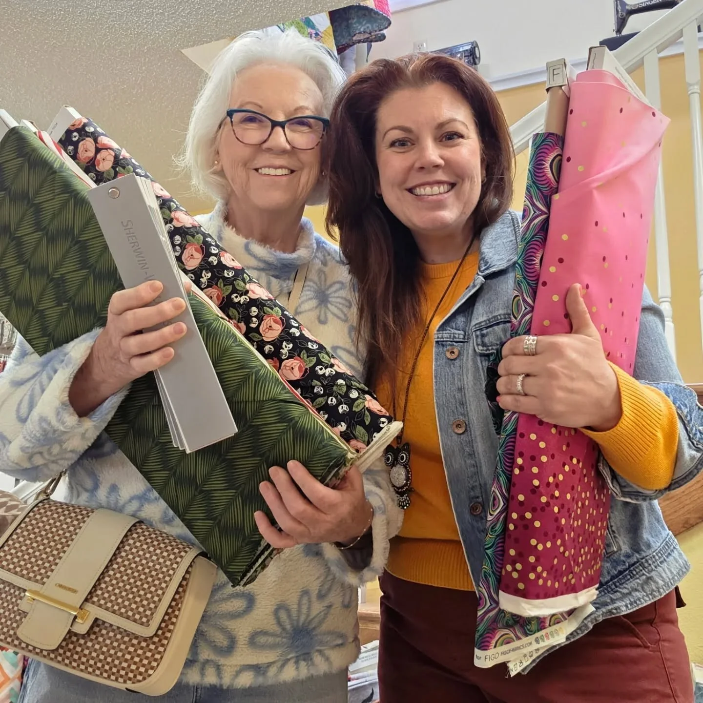 I called in an expert today and we had so much fun shopping for fabric at @olivejuicequilts 
Time to fire up the sewing machine! 

#airbnbhost #lacrossewi #diy #fabric #maximalism