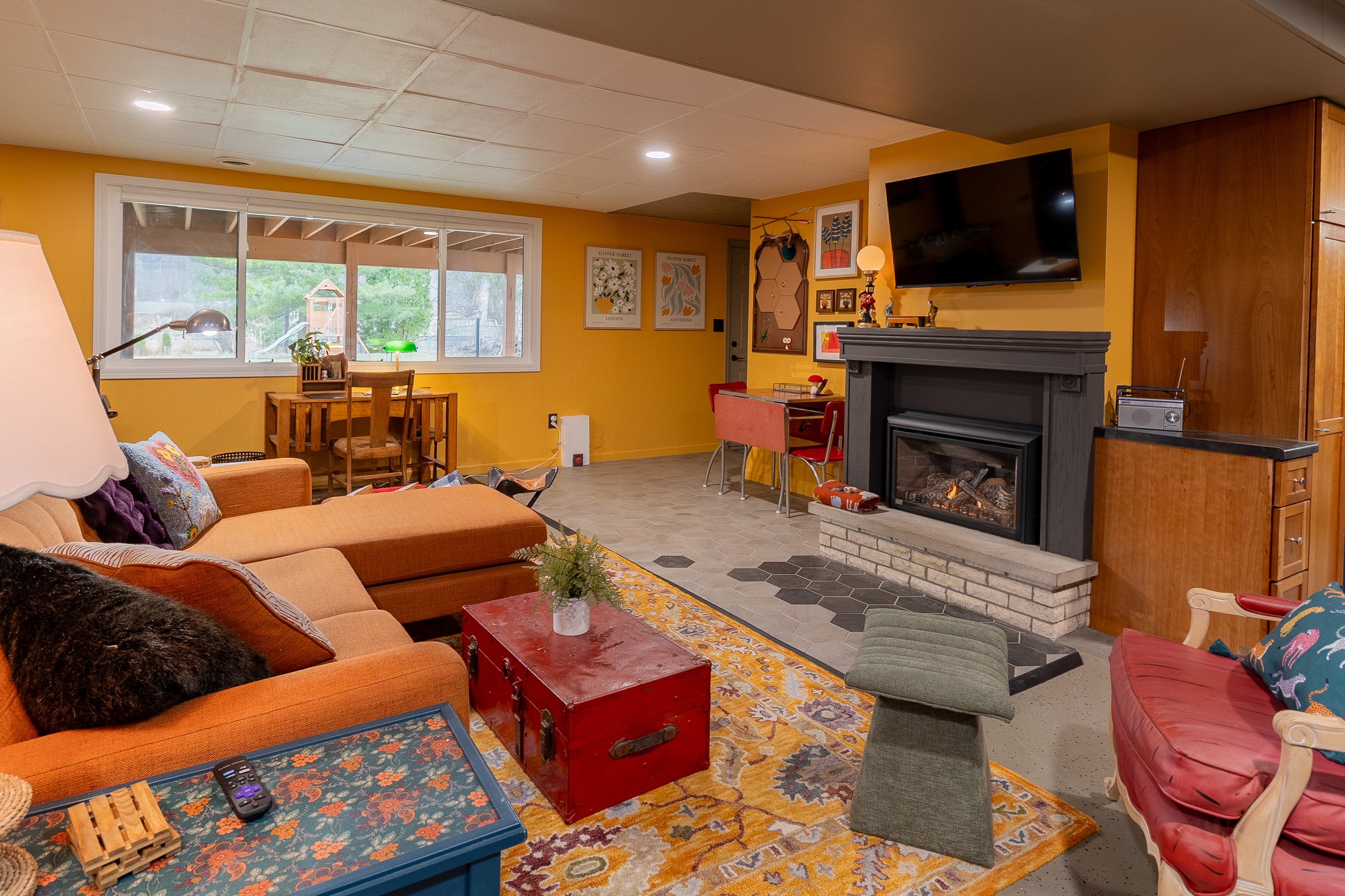 living room with couch and fireplace