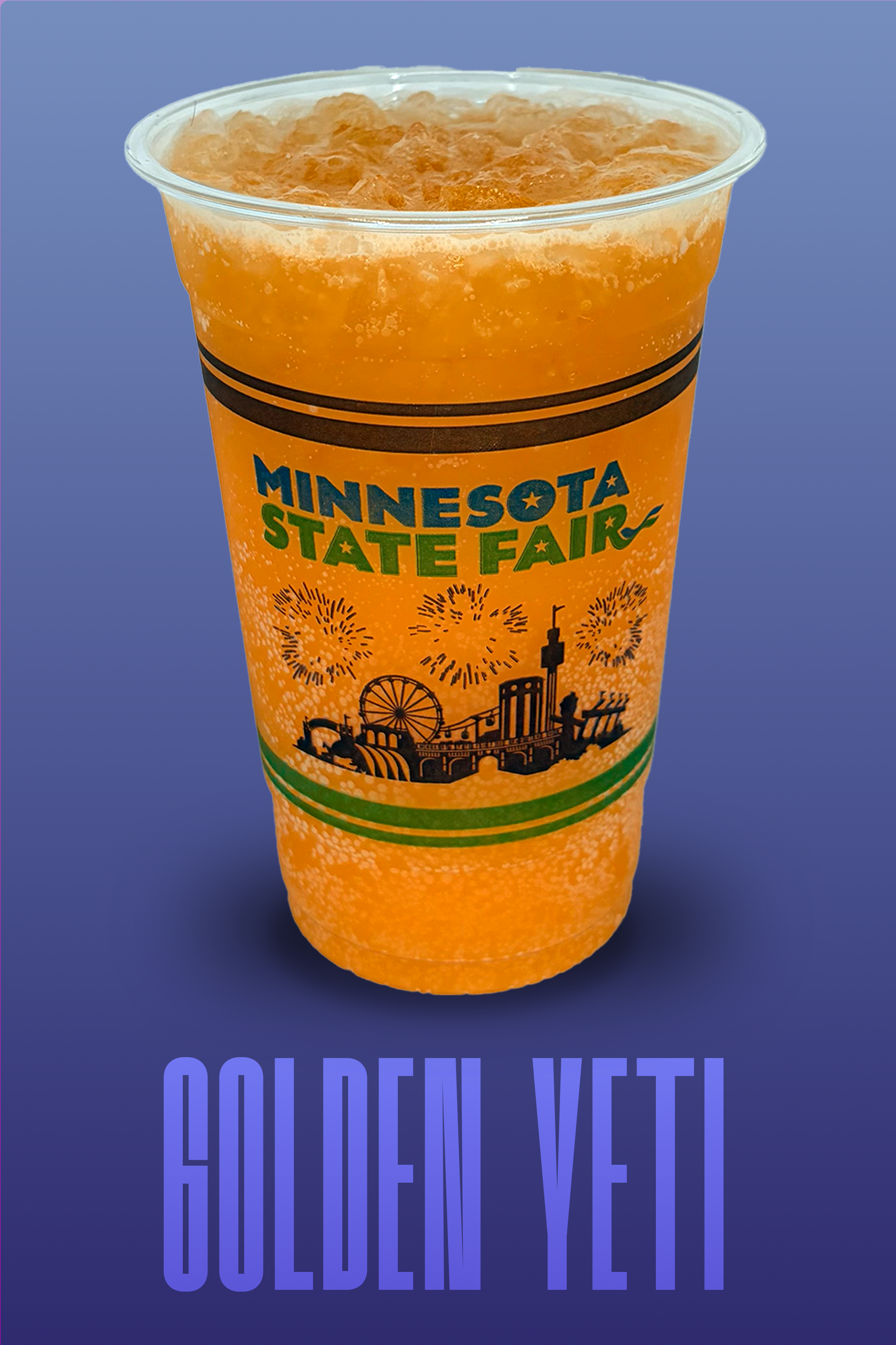 a plastic cup with ice and an orange beverage, featuring the minnesota state fair logo and illustrations of the fairgrounds, set against a bright blue background with the word "golden yeti" in green letter, bottom.