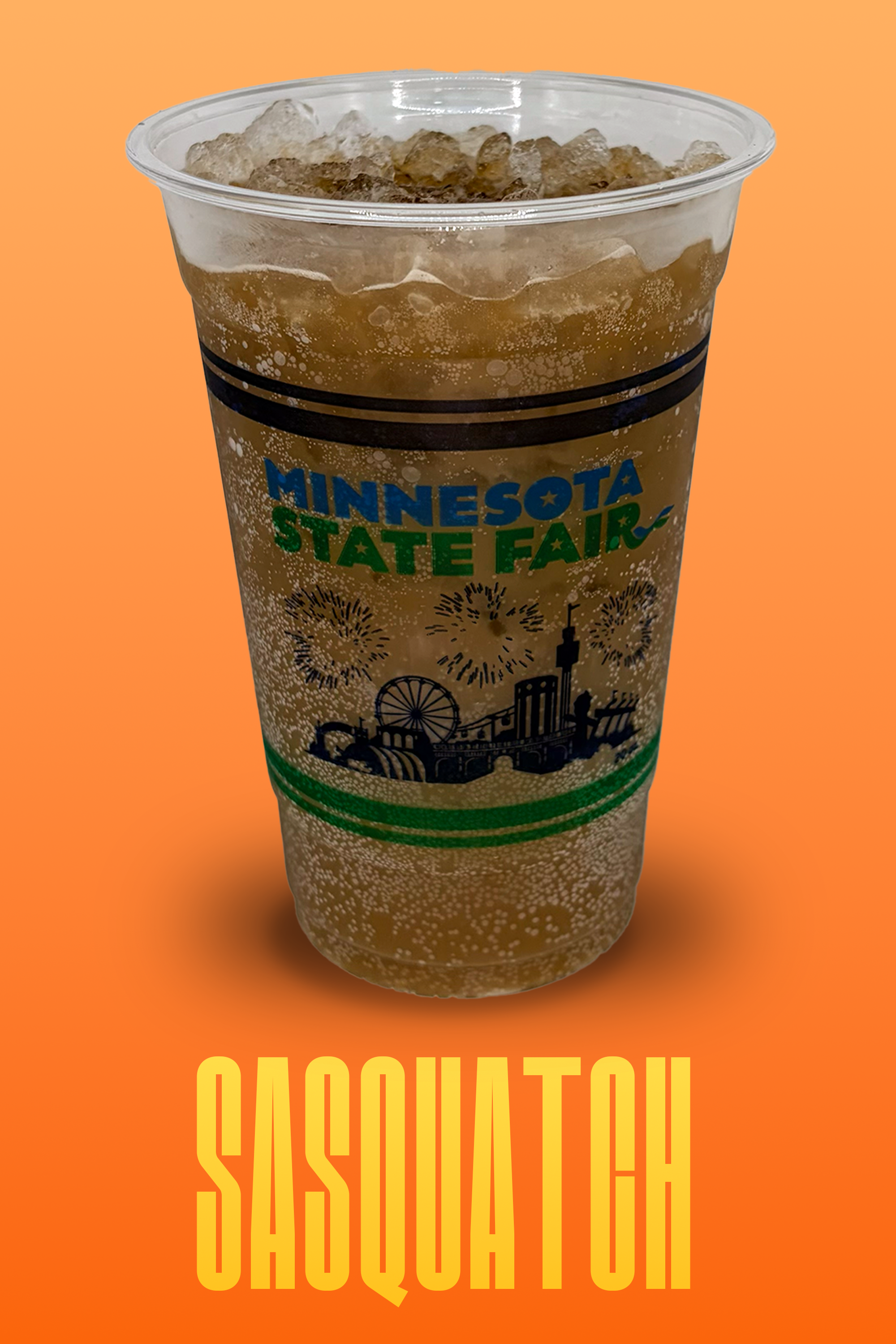 a plastic cup with ice and a brown beverage, featuring the minnesota state fair logo and illustrations of the fairgrounds, set against a bright orange background with the word "sasquatch" in orange letter, bottom.