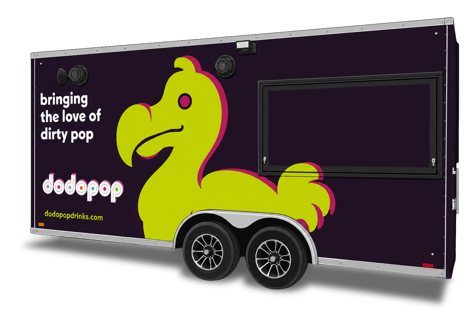a black food truck with a large yellow dodo bird and the words "bringing the love of dirty pop." the truck also has the name "dodopop" and the website "dodopopdrinks.com" on it.
