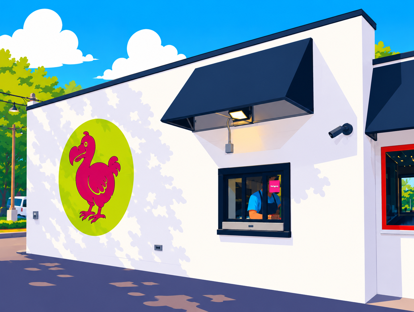 illustration of a fast food restaurant with a pink dodo bird on the wall, a window with a worker inside, and a blue sky with clouds in the background.