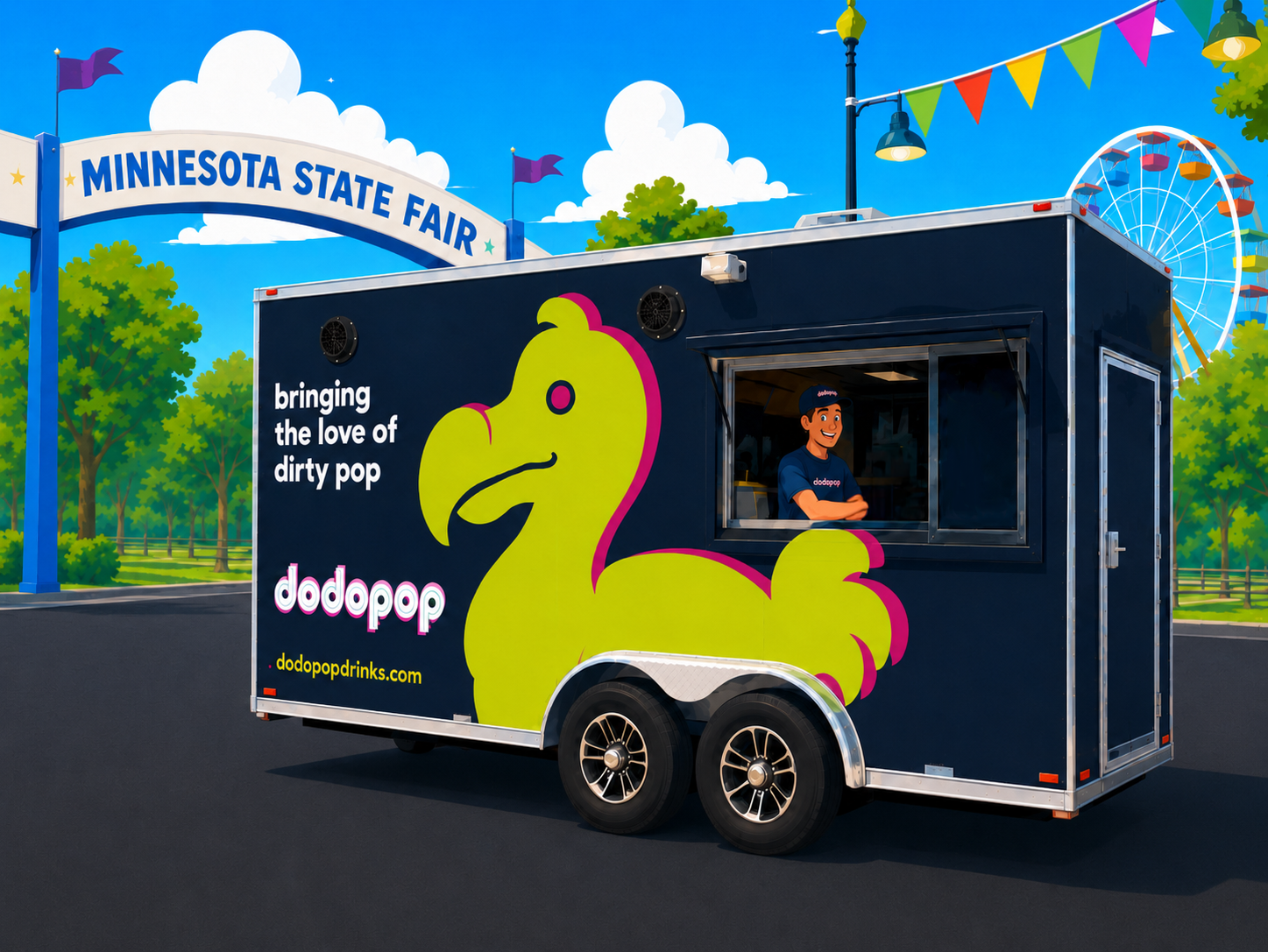 food truck with a large dodo bird on the side, parked at the minnesota state fair. the truck has the words "bringing the love of dirty pop" and "dodopop" with a web address.